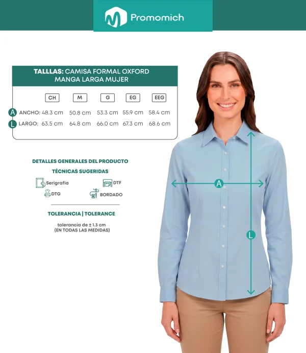 tabla-medidas-camisa-dama-manga-larga Paquete super pack mini 24 piezas tela oxford diseño bordado de frente