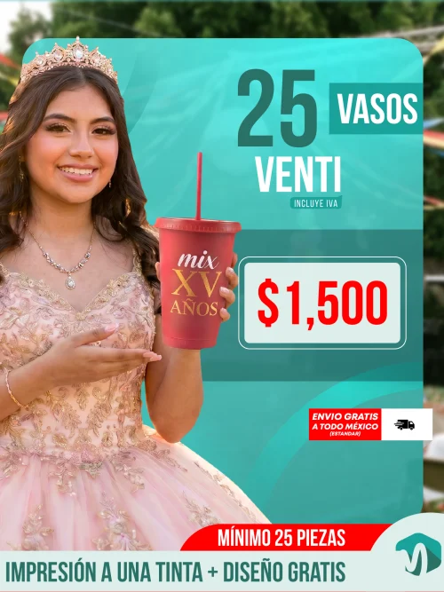 Paquete mayoreo de 25 vasos venti personalizados con impresion a una tinta incluye diseno gratis e IVA para eventos y XV anos