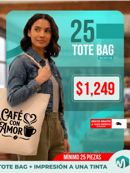 Paquete mayoreo de 25 tote bags personalizadas con impresion a una tinta incluye diseno gratis e IVA para promocionales y negocios Paquete mayoreo de 25 tote bags personalizadas con impresion a una tinta incluye diseno gratis e IVA para promocionales y negocios